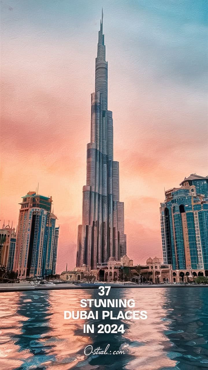 Burj Khalifa towering over the Dubai skyline at sunset, showcasing its iconic architectural design and surrounding modern buildings.