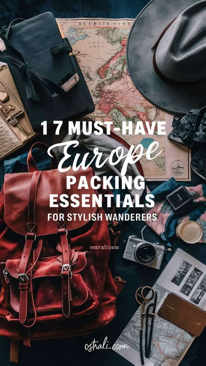 Flat lay of travel essentials for Europe, featuring a stylish red backpack, vintage maps, a camera, sunglasses, and travel accessories, with text overlay highlighting "17 Must-Have Europe Packing Essentials for Stylish Wanderers."