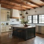 Modern kitchen with wooden beams, an island with a dark finish, light cabinetry, and large windows, featuring stylish pendant lights and a cozy atmosphere.