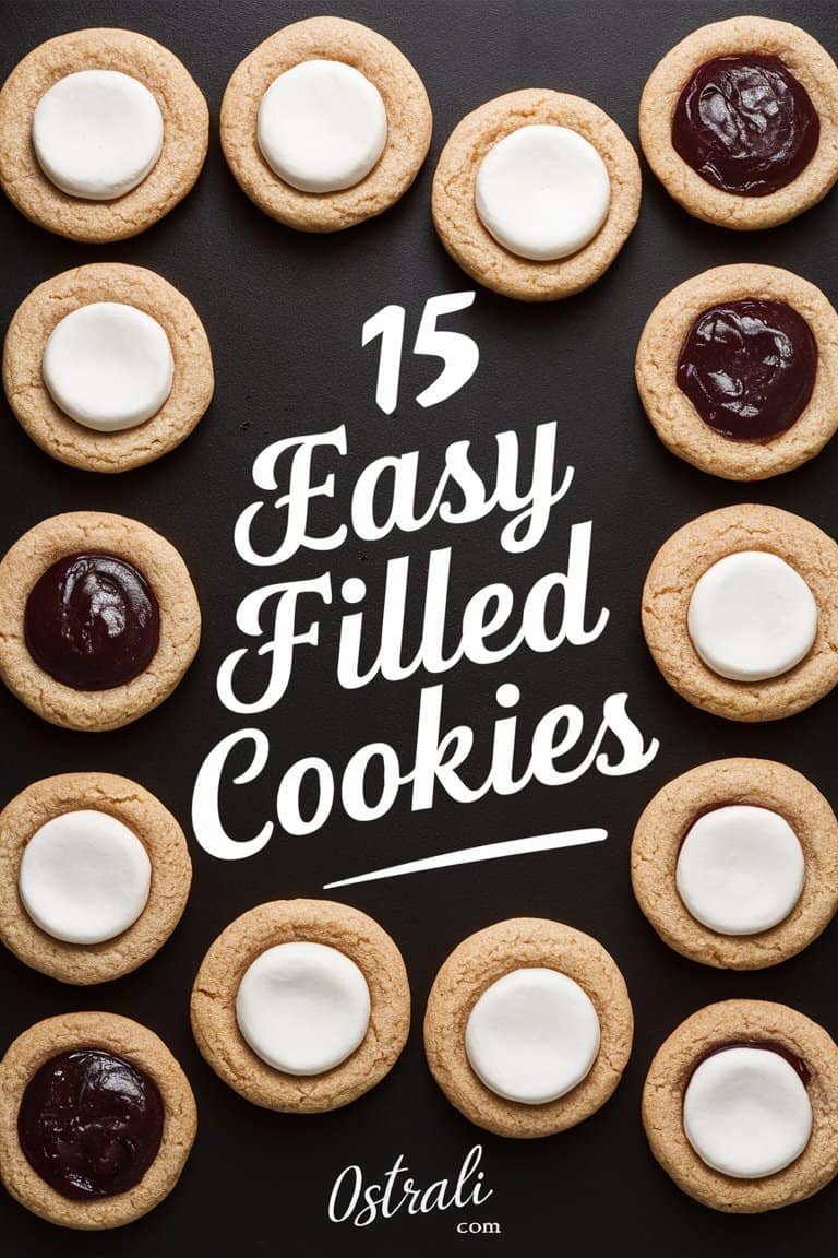 A visually appealing arrangement of 15 easy filled cookies, featuring a variety of fillings, displayed on a dark background.