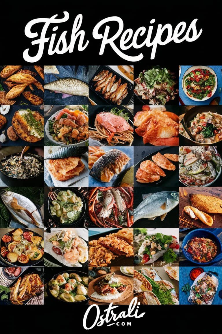 A vibrant collage of various seafood dishes, showcasing a diverse array of preparations including grilled fish, seafood salads, fried calamari, and shrimp recipes, all presented in colorful bowls and plates.