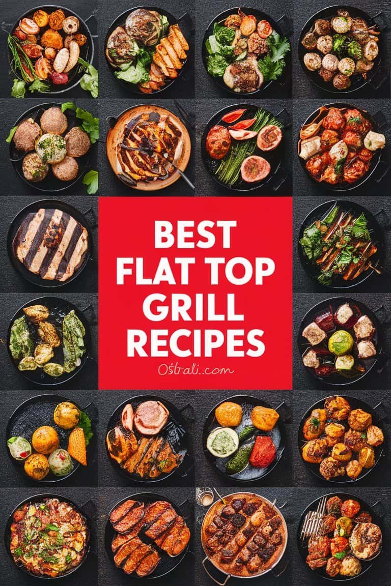 A collection of delicious flat top grill recipes displayed in various bowls, featuring grilled meats, vegetables, and sides, with a bold text overlay reading "Best Flat Top Grill Recipes."