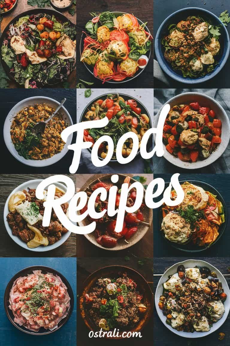 Collage of various delicious food dishes arranged in bowls, featuring vibrant ingredients and a text overlay that reads "Food Recipes."