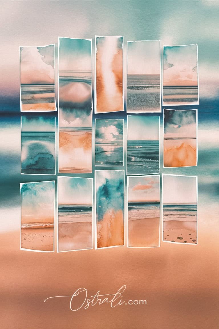 A collage of translucent panels featuring abstract beach scenes with soft colors, including sandy tones and ocean blues, arranged in a grid format against a blurred seaside background.