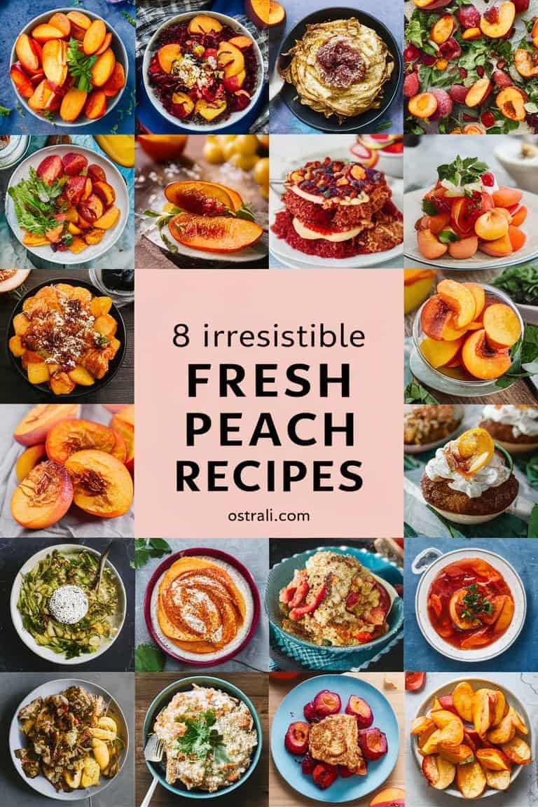 A vibrant collage of eight delicious fresh peach recipes, featuring various dishes like salads, desserts, and sauces, showcasing the versatility of peaches in cooking. The central text highlights "8 Irresistible Fresh Peach Recipes."