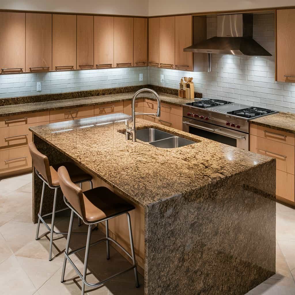 Modern kitchen interior featuring a spacious island with a granite countertop, stainless steel sink, and bar stools. The cabinetry is wood with a warm finish, complemented by under-cabinet lighting and a professional-grade stove, creating an inviting cooking space.