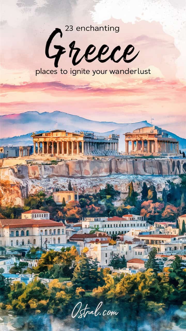 Aerial view of the Acropolis in Athens, Greece, showcasing the Parthenon and ancient ruins against a colorful sunset sky, with modern buildings in the foreground.