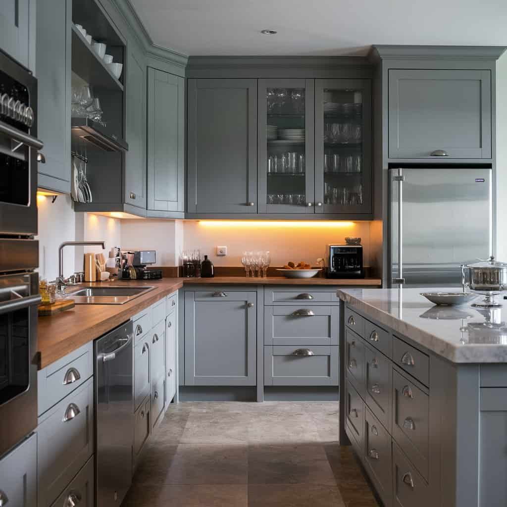 Modern kitchen design featuring gray cabinetry, stainless steel appliances, and warm under-cabinet lighting, with a spacious layout and elegant countertops.