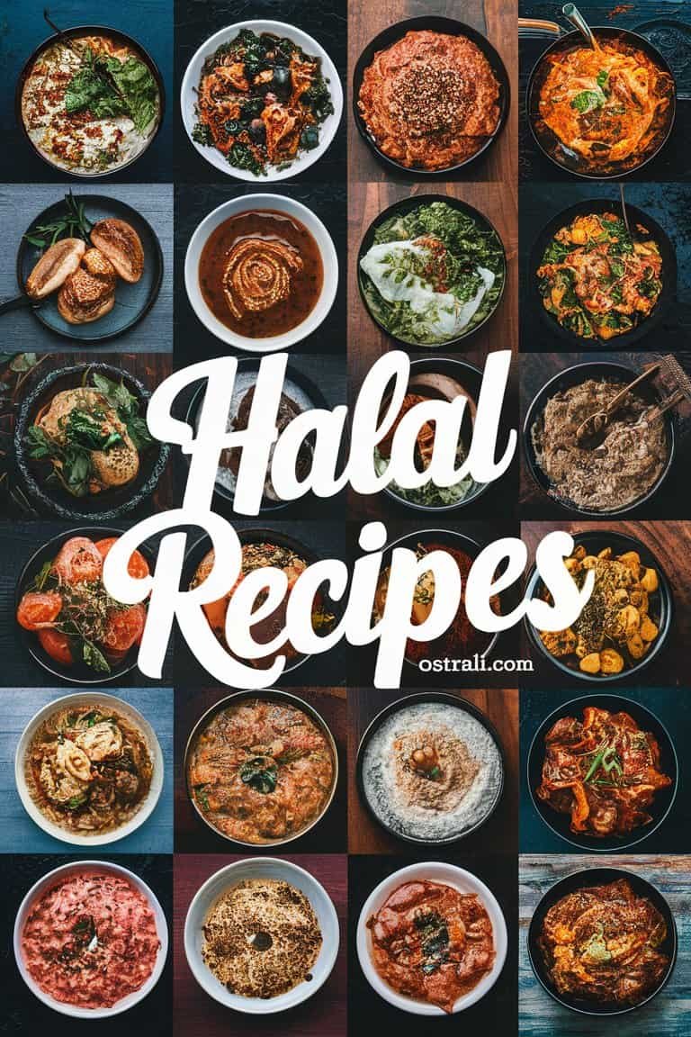 A collage of various halal dishes, showcasing a diverse range of recipes including meat, vegetables, and grains, with the text "Halal Recipes" prominently displayed in the center.