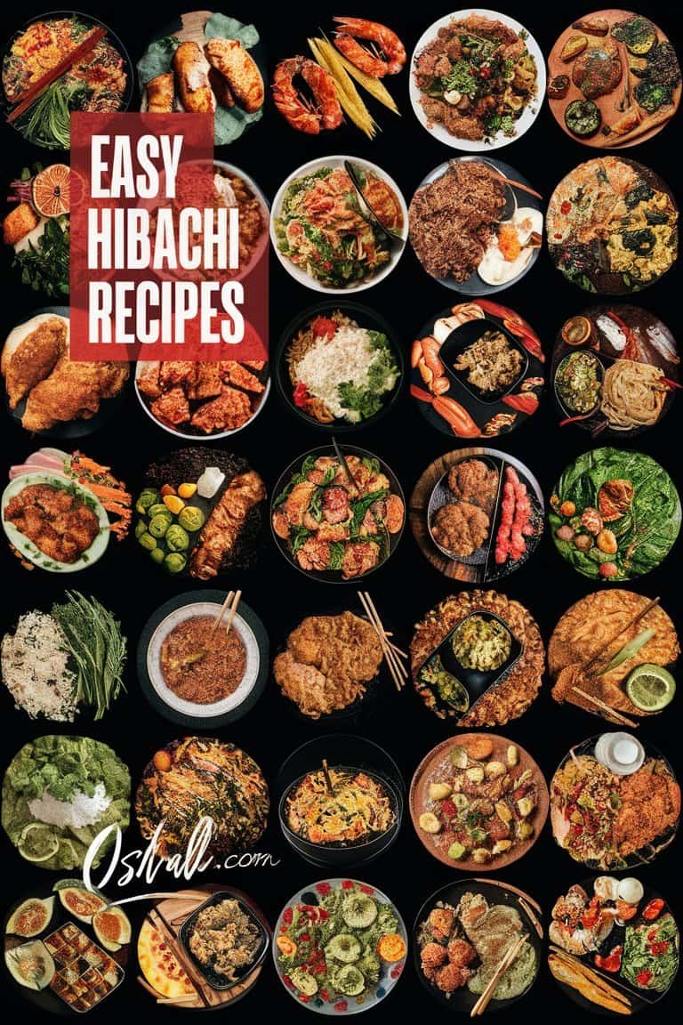 A variety of delicious hibachi dishes arranged on a black background, showcasing easy hibachi recipes including grilled meats, vegetables, and sauces.