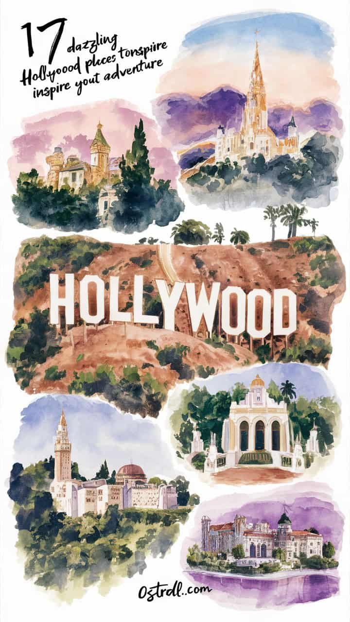 Collage of iconic Hollywood landmarks featuring the Hollywood sign, historic buildings, and scenic views, showcasing the rich cultural heritage and entertainment history of the area.