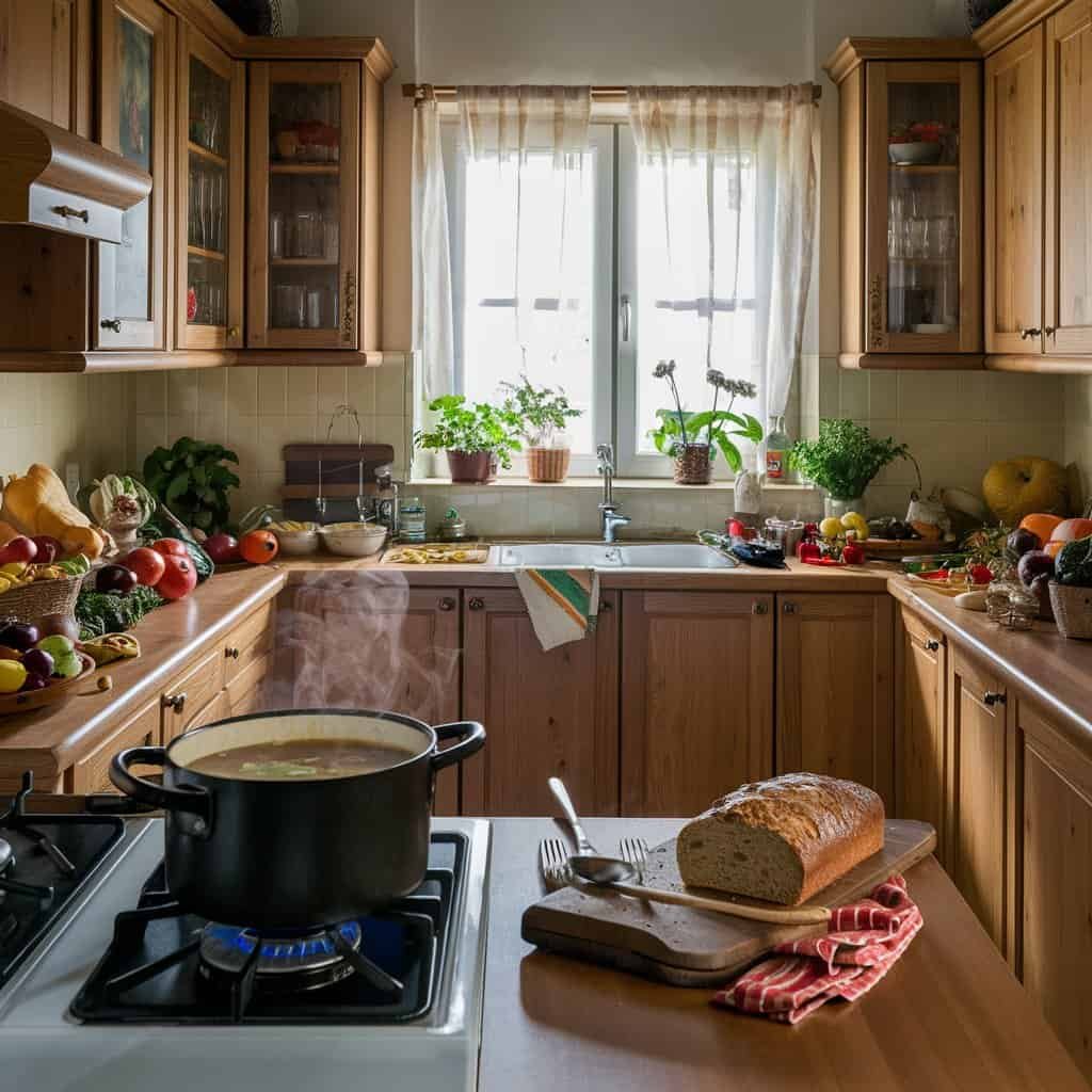 Cozy kitchen interior with wooden cabinetry, a pot on the stove, freshly baked bread, and an abundance of colorful fruits and vegetables on the countertop, illuminated by natural light from a window.