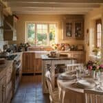 Cozy kitchen interior with wooden cabinetry, a dining table set for a meal, and natural light streaming through the windows, creating a warm and inviting atmosphere.