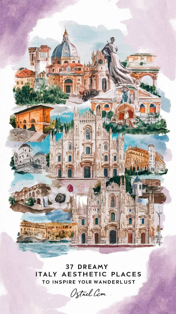 A vibrant collage of famous landmarks in Milan, Italy, featuring the Milan Cathedral, Galleria Vittorio Emanuele II, and other iconic buildings, showcasing the city's rich architectural heritage and cultural attractions.