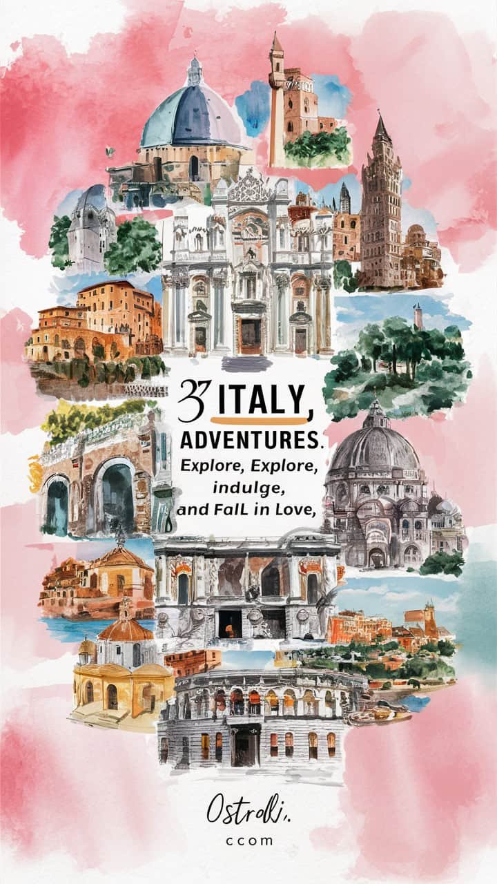 Illustration featuring iconic Italian landmarks and cultural elements, titled "3 Italy Adventures: Explore, Capture, Indulge, and Fall in Love," showcasing various attractions and experiences in Italy.