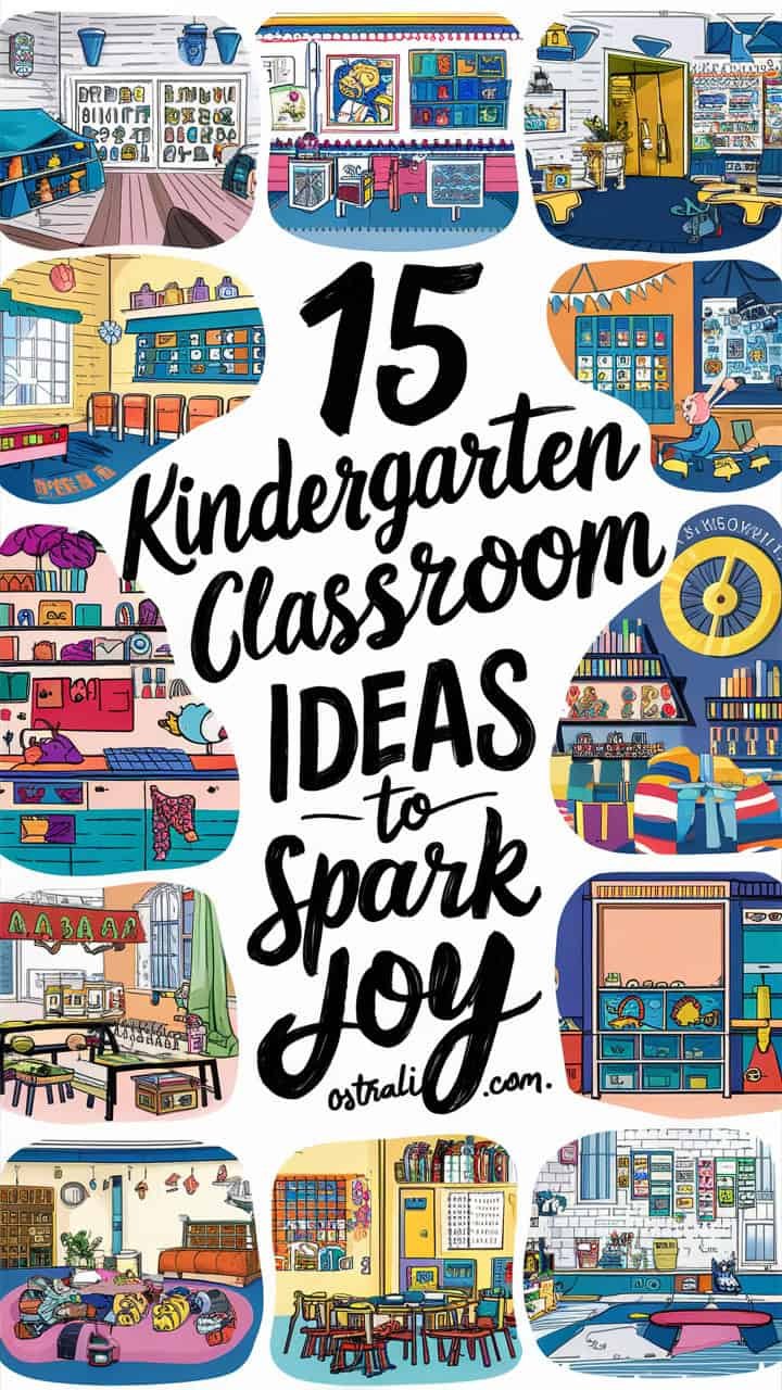 Colorful graphic featuring the title "75 Kindergarten Classroom Ideas to Spark Joy" surrounded by various illustrated classroom elements, showcasing creative and engaging ideas for kindergarten teachers to enhance their classroom environment.