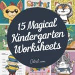 Colorful collage featuring 15 magical kindergarten worksheets with engaging characters and activities designed for early childhood education.