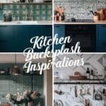 A collage showcasing various kitchen backsplash designs, featuring colorful tiles, geometric patterns, and stylish cabinetry, with the text "Kitchen Backsplash Inspirations" prominently displayed.