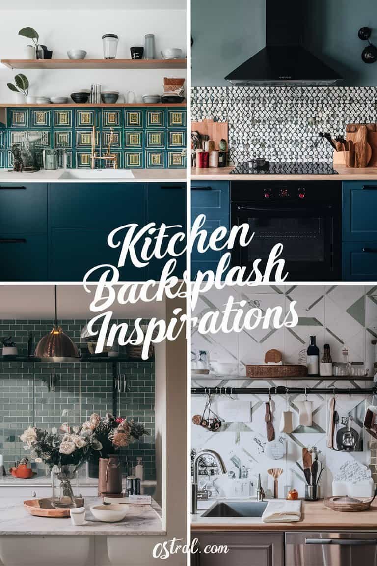 A collage showcasing various kitchen backsplash designs, featuring colorful tiles, geometric patterns, and stylish cabinetry, with the text "Kitchen Backsplash Inspirations" prominently displayed.