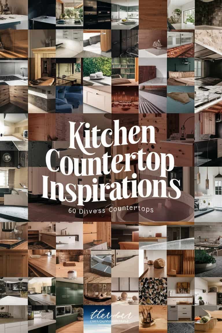 Collage of stylish kitchen countertop designs showcasing various materials and styles, with the text "Kitchen Countertop Inspirations" prominently displayed.