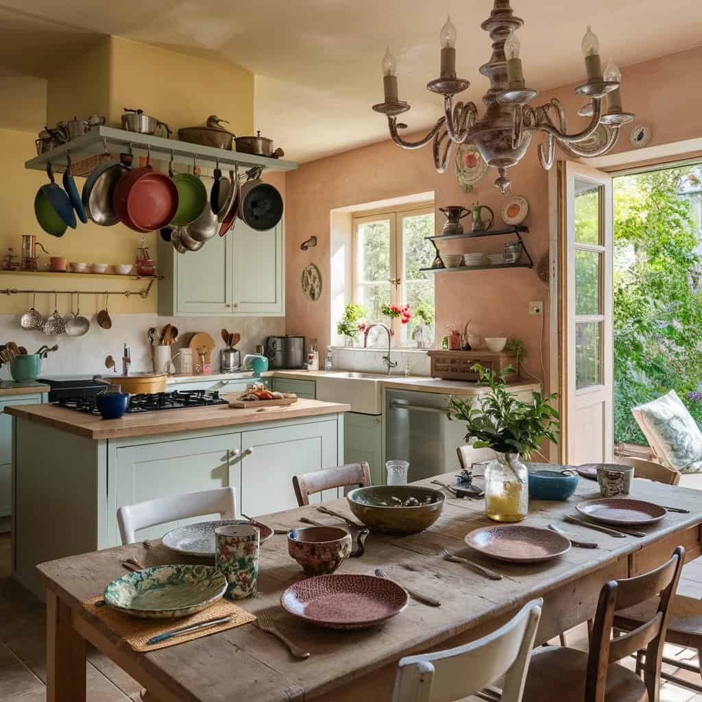 Cozy kitchen interior featuring a rustic dining table set for a meal, with colorful plates and bowls. The space includes hanging cookware, a chandelier, and large windows that open to a garden, creating a warm and inviting atmosphere.