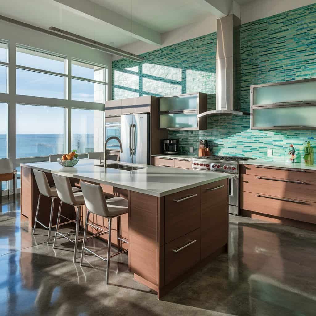 Modern kitchen with ocean views featuring a large island, wooden cabinetry, green tile backsplash, and stainless steel appliances. Natural light floods the space through large windows, highlighting the polished concrete floor.