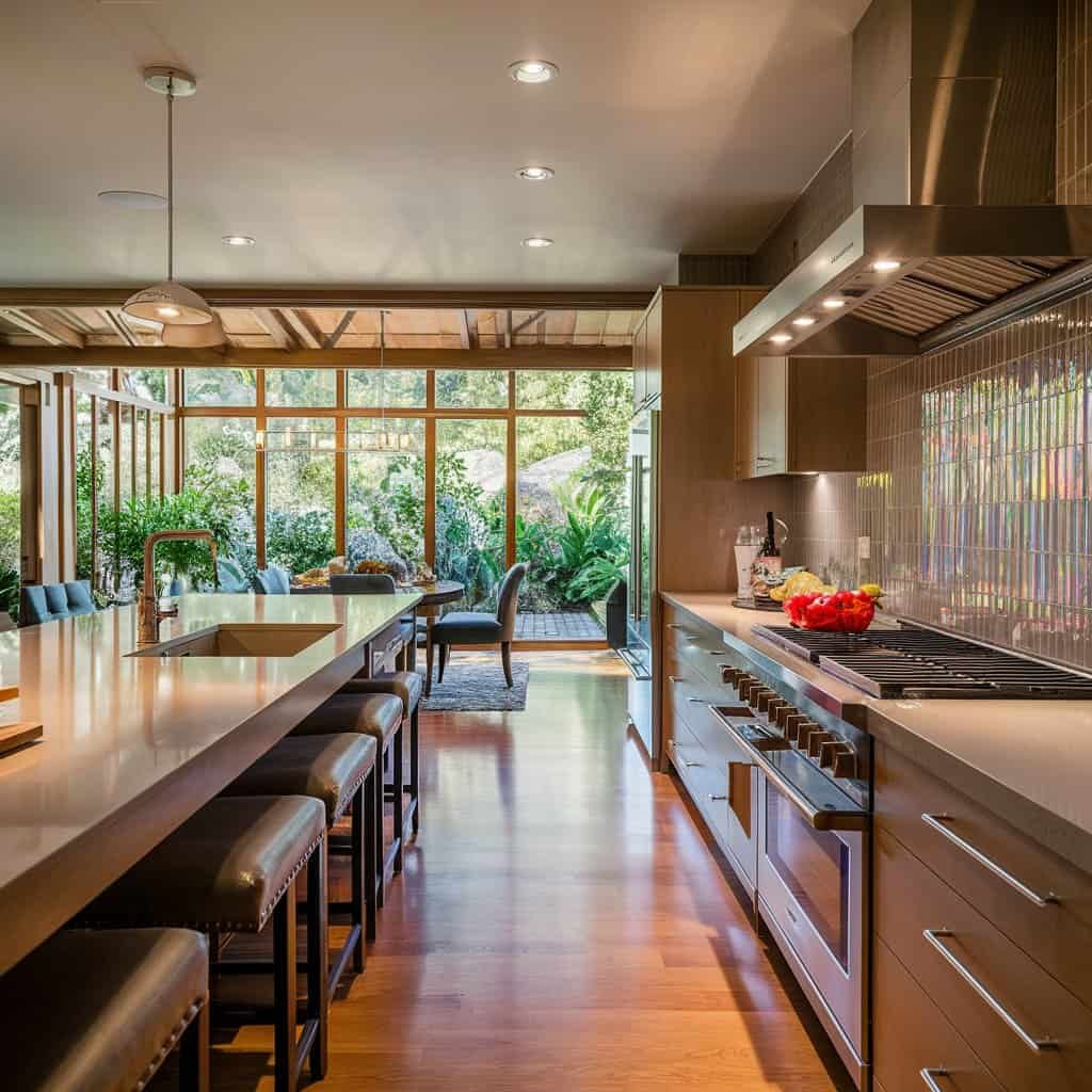 Modern kitchen interior featuring a large wooden island, sleek cabinetry, and stainless steel appliances, with ample natural light from large windows and a view of greenery outside.