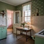 Vintage kitchen interior featuring green cabinets, a wooden table, and floral arrangements, with natural light streaming through a window, showcasing a cozy and inviting atmosphere.