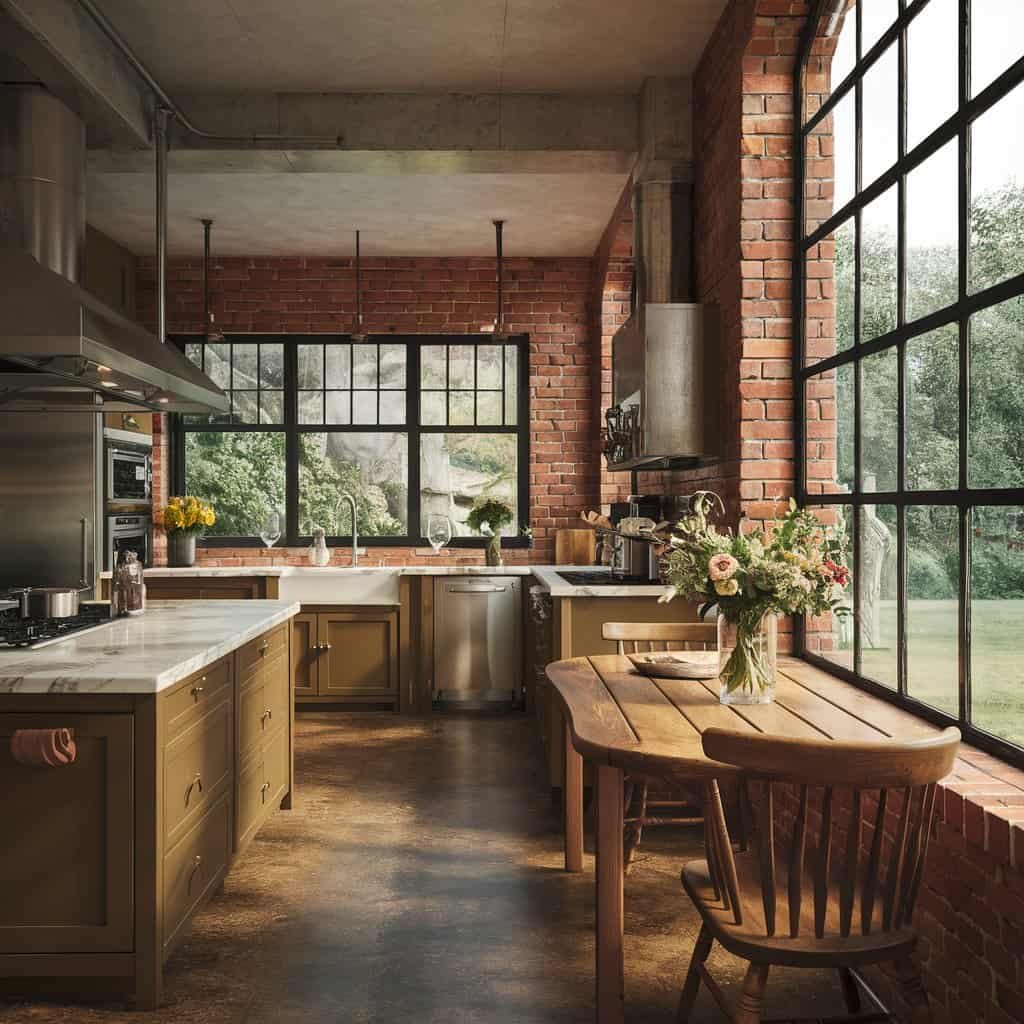 Modern kitchen interior featuring large windows, exposed brick walls, wooden cabinetry, and a rustic dining table with flowers. The design emphasizes natural light and a warm, inviting atmosphere.