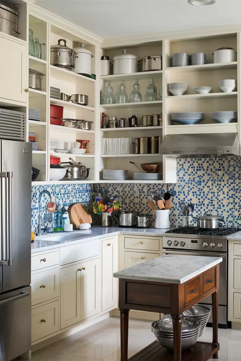 Modern kitchen design featuring open shelving, a stainless steel refrigerator, and a colorful tiled backsplash. The kitchen includes a gas stove, marble countertops, and various kitchenware, creating a stylish and functional cooking space.