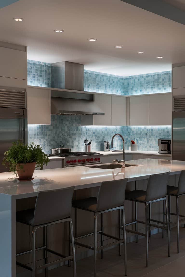 Modern kitchen design featuring sleek cabinetry, a large island with seating, and a stylish backsplash with blue tiles. The space is illuminated with under-cabinet lighting, enhancing the contemporary aesthetic.