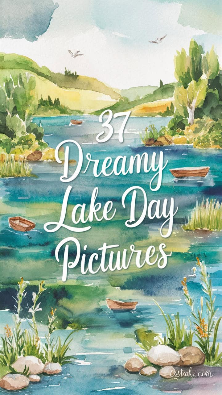 Illustration featuring serene lake scenery with boats and lush greenery, titled "37 Dreamy Lake Day Pictures," ideal for nature enthusiasts and those seeking inspiration for lake outings.