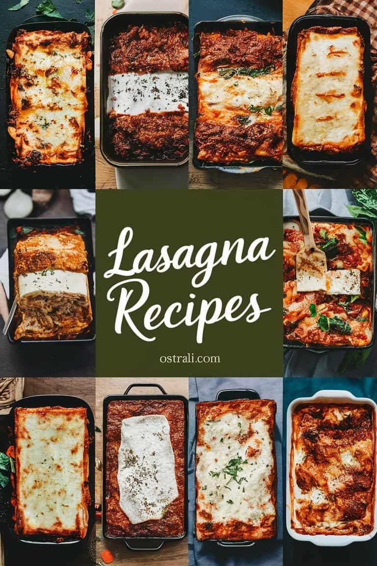 A collage of various lasagna dishes showcasing different styles and ingredients, with the text "Lasagna Recipes" prominently displayed in the center.