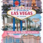 Colorful vintage Las Vegas postcard featuring iconic landmarks, palm trees, and the phrase "Nevada Las Vegas" at the top, capturing the vibrant essence of the city.