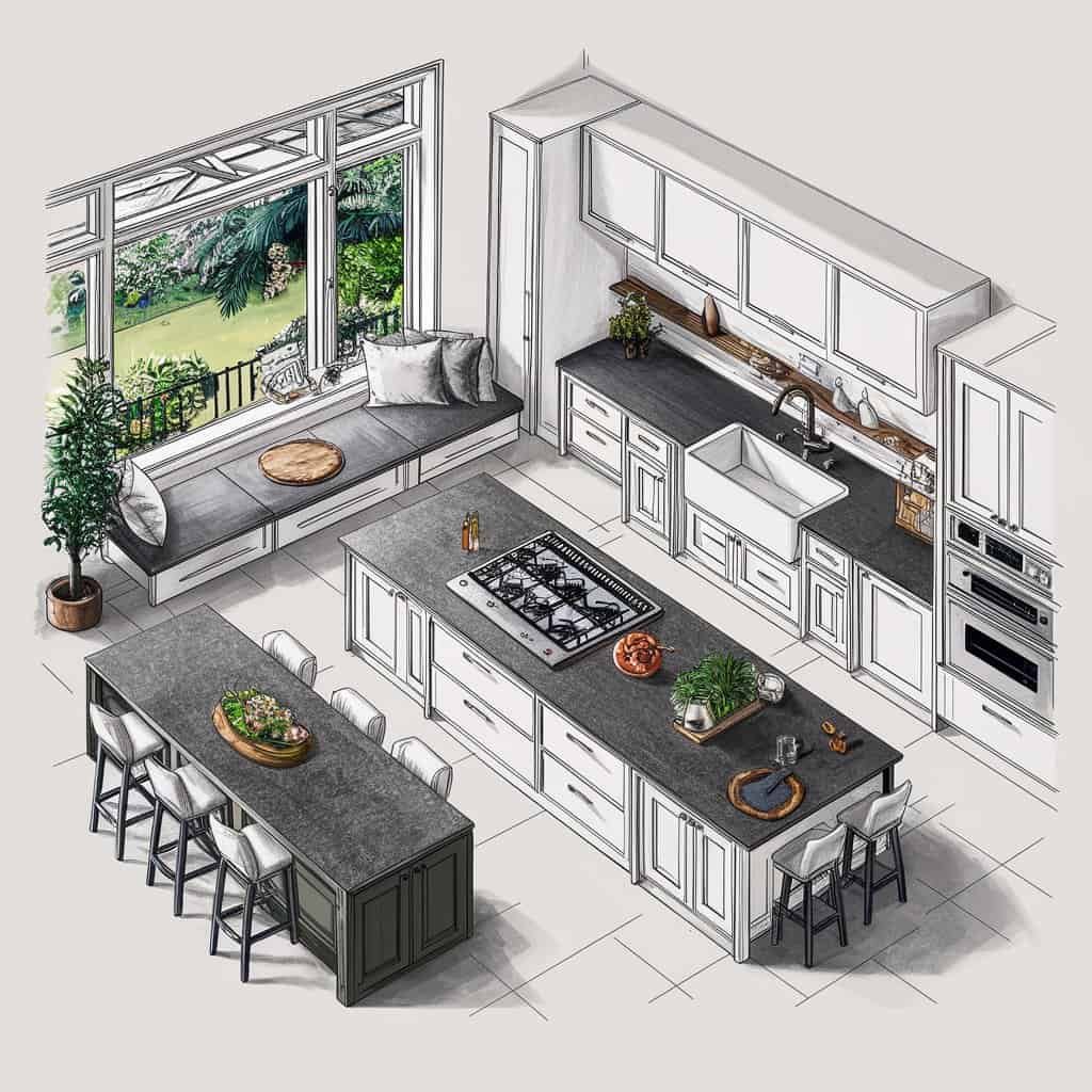 Modern kitchen design featuring a spacious island with a stovetop, sleek cabinetry, a cozy breakfast nook by the window, and a large dining table. The layout emphasizes functionality and natural light, perfect for contemporary living.