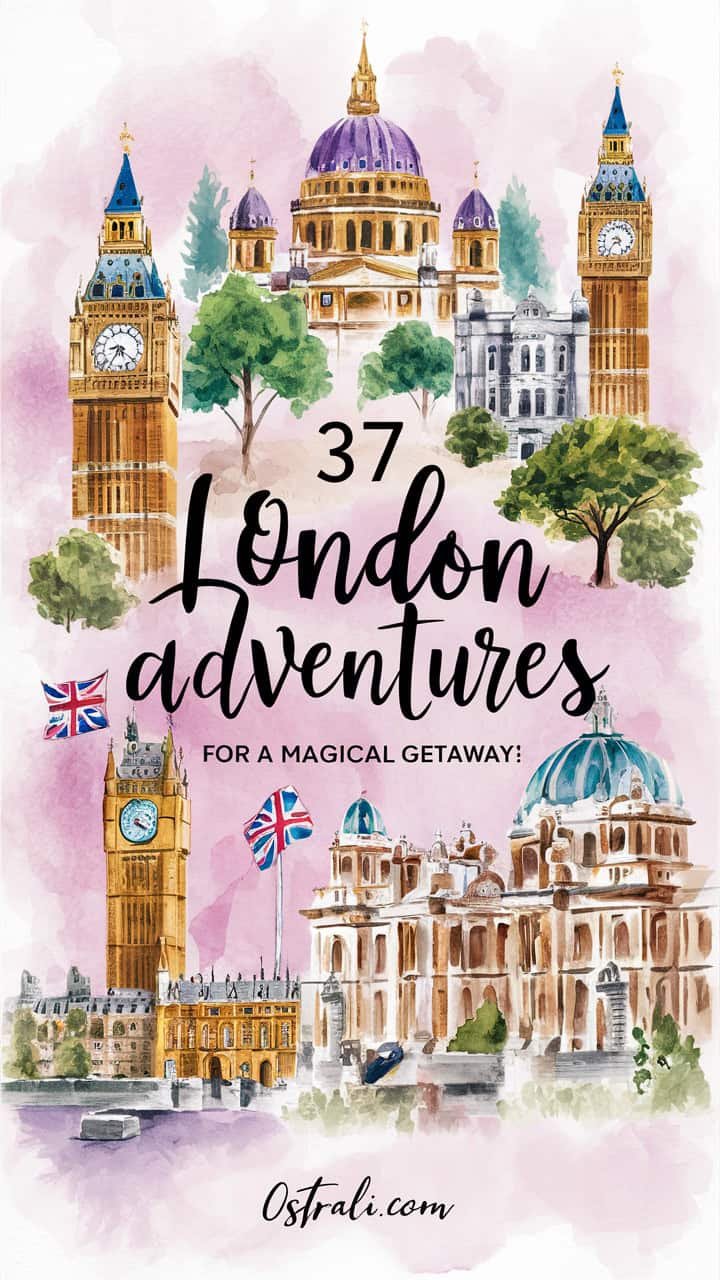 Colorful illustration featuring iconic London landmarks, including Big Ben and other historical buildings, with the text "37 London Adventures for a Magical Getaway" prominently displayed. Ideal for travel inspiration and exploring London.