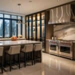 Modern kitchen interior featuring sleek cabinetry, a large island with bar seating, stainless steel appliances, and ample natural light from floor-to-ceiling windows.