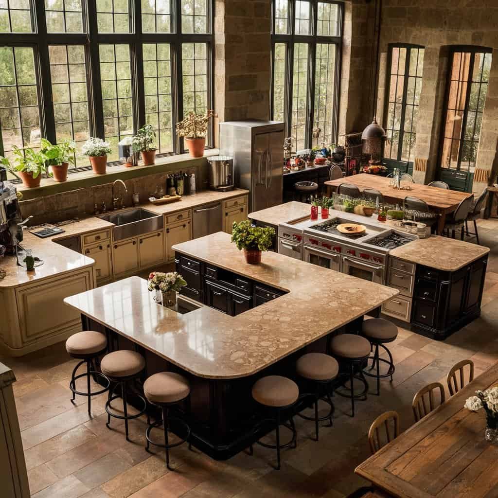 Spacious modern kitchen with large island, stone countertops, and ample natural light from large windows, featuring plants and stylish seating.