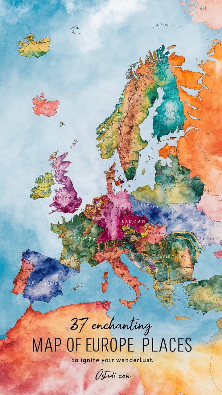 Colorful watercolor map of Europe highlighting various countries and regions, featuring distinct colors and artistic textures, ideal for educational and decorative purposes.