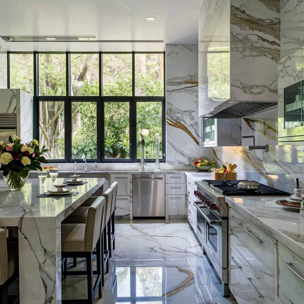 Modern kitchen design featuring sleek marble countertops, stainless steel appliances, and large windows that provide natural light and a view of greenery. The space includes an island with seating and stylish cabinetry, creating an inviting atmosphere for cooking and entertaining.