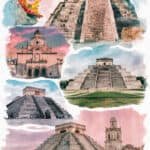 Collage of ancient Mayan pyramids, including Chichen Itza and other historical sites, showcasing their architectural beauty and cultural significance in Mexico.