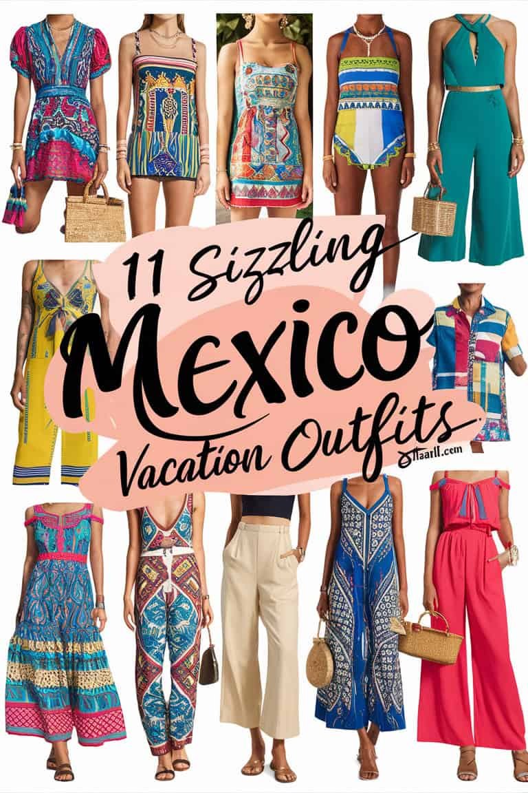 Collage of vibrant vacation outfits for a trip to Mexico, featuring colorful dresses, jumpsuits, and accessories, showcasing 11 stylish options for travelers.