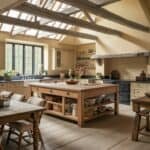 Spacious rustic kitchen featuring wooden beams, a large central island with storage, and a cozy dining area. Natural light floods the room through large windows, highlighting the warm color palette and inviting atmosphere.