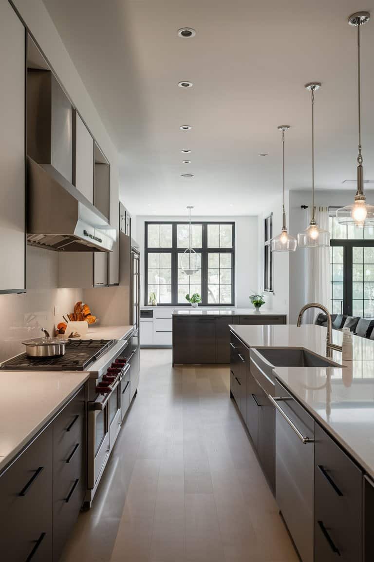 Modern kitchen design featuring sleek cabinetry, a large island with a countertop, stainless steel appliances, and ample natural light from large windows.