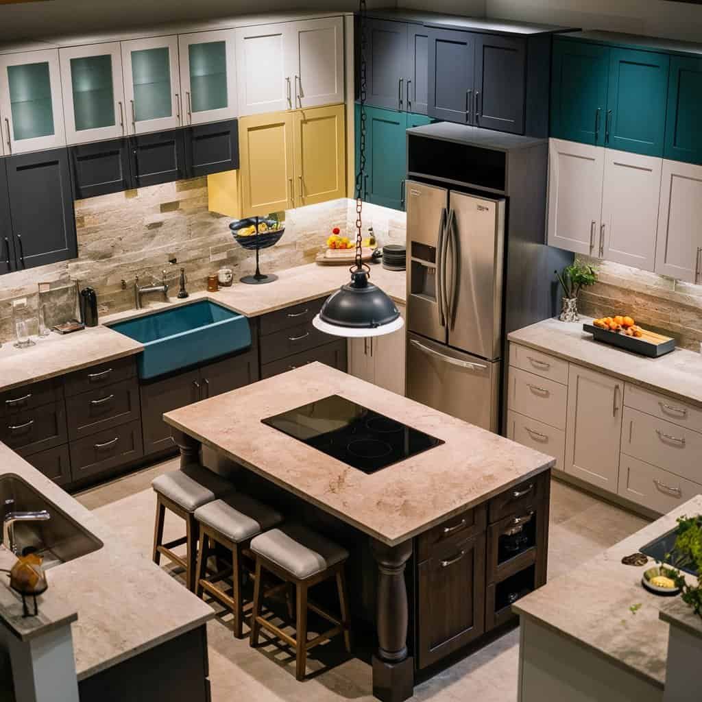 Modern kitchen interior design featuring an island with seating, stainless steel appliances, and a mix of colorful cabinetry. The layout includes a spacious countertop and decorative kitchen accessories, creating a stylish and functional cooking space.