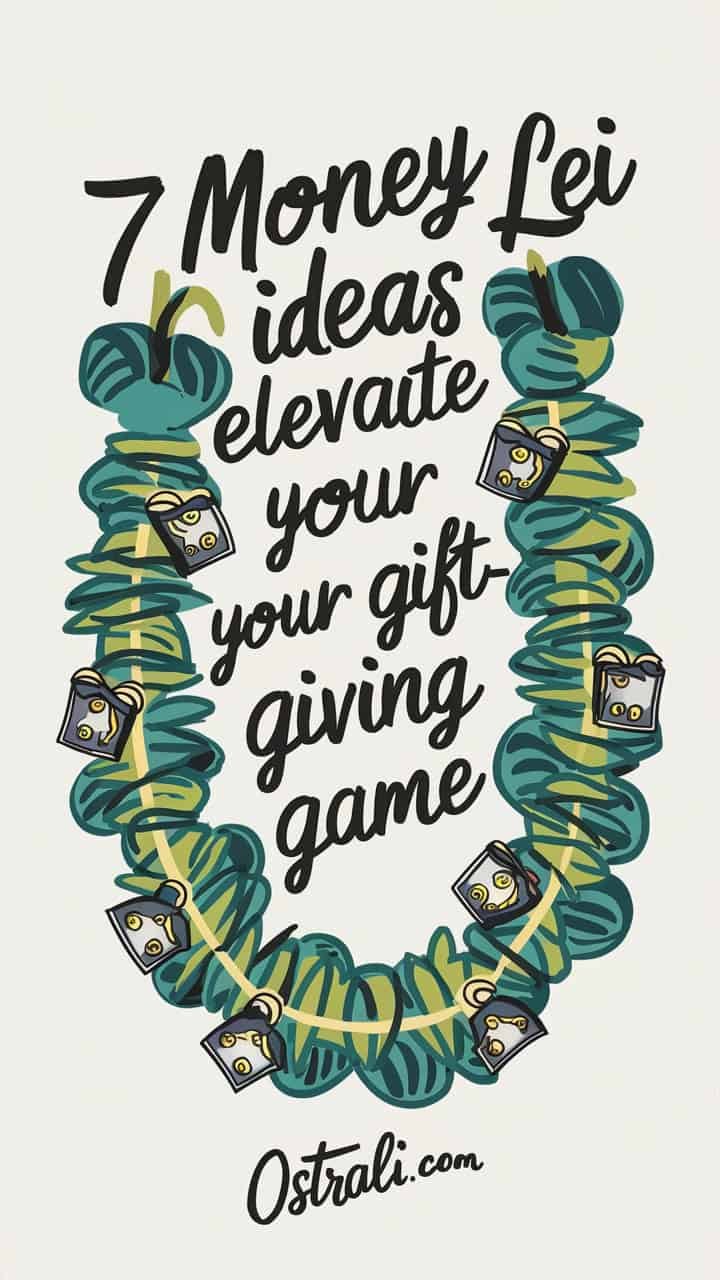 Colorful graphic featuring a decorative lei with the text "Ideas elevate your gift giving game," emphasizing creative gift ideas and inspiration.