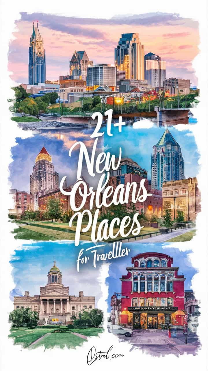 Colorful illustration featuring iconic landmarks of New Orleans with the text "21+ New Orleans Places for Traveller." Highlights the city's vibrant architecture and culture, perfect for tourism and travel guides.