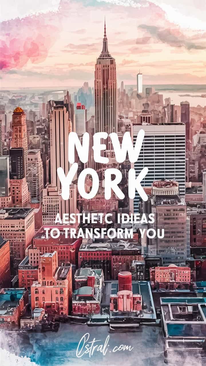 Aerial view of New York City skyline featuring iconic skyscrapers, with text overlay promoting aesthetic ideas for transformation.