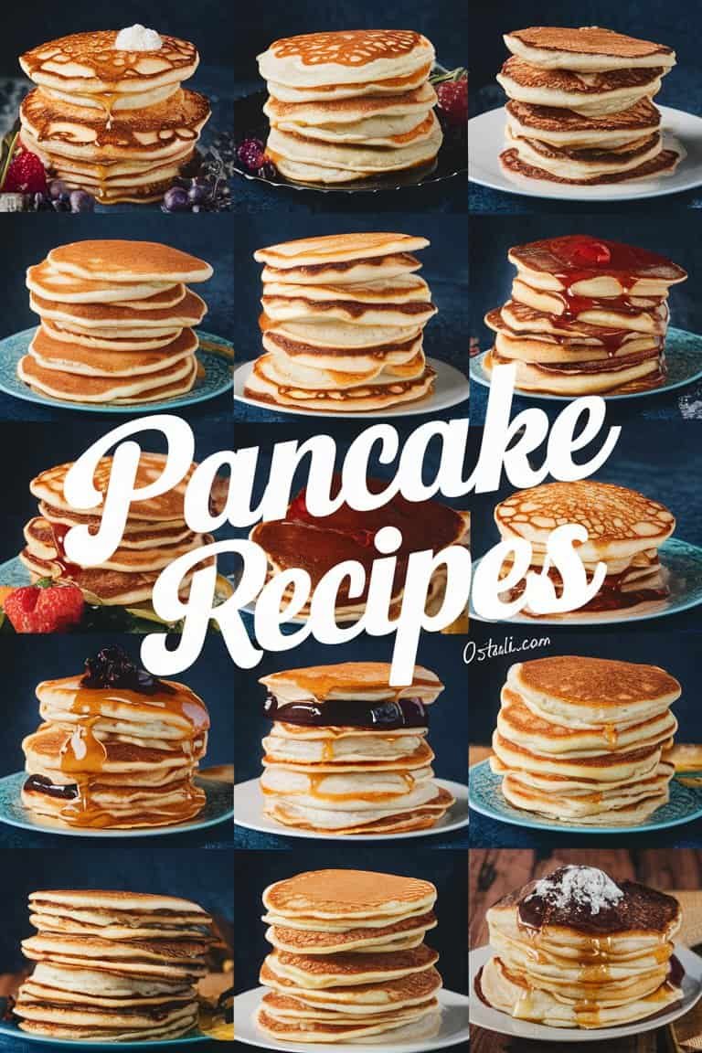 A collage of fluffy pancakes stacked in various styles, showcasing delicious pancake recipes with toppings like strawberries and syrup, ideal for breakfast inspiration.