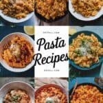 A collage of various delicious pasta dishes served in bowls, featuring a variety of ingredients and styles, with the text "Pasta Recipes" prominently displayed in the center.